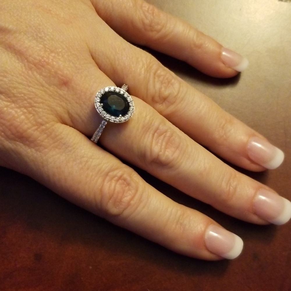 Midnight Blue and CZ Sterling Silver Halo Ring